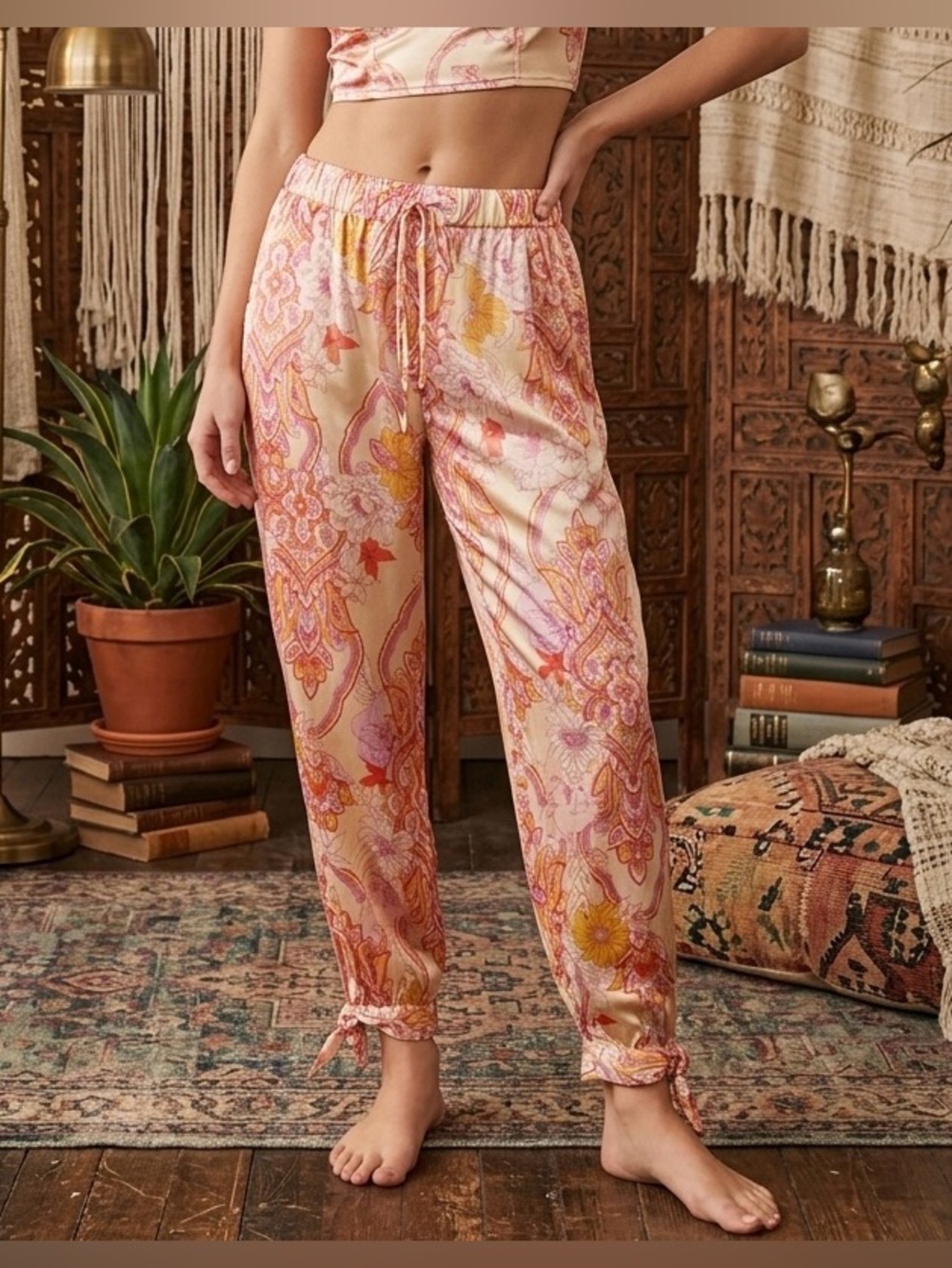 NWT Zara The Sasha Floral Paisley Satin Tie Hem Pants size L